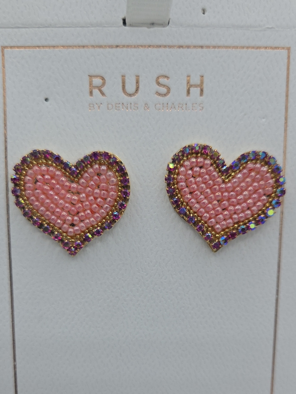 5 for $25! RUSH by Denis & Charles Pink Heart Beaded Stud Earrings
